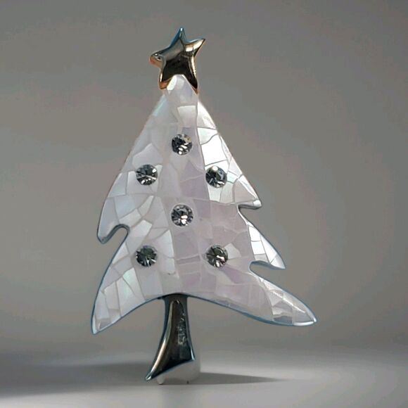 Liz Claiborne Christmas Tree Brooch Holiday Pin Mother Of Pearl Rhinestones - Picture 1 of 8